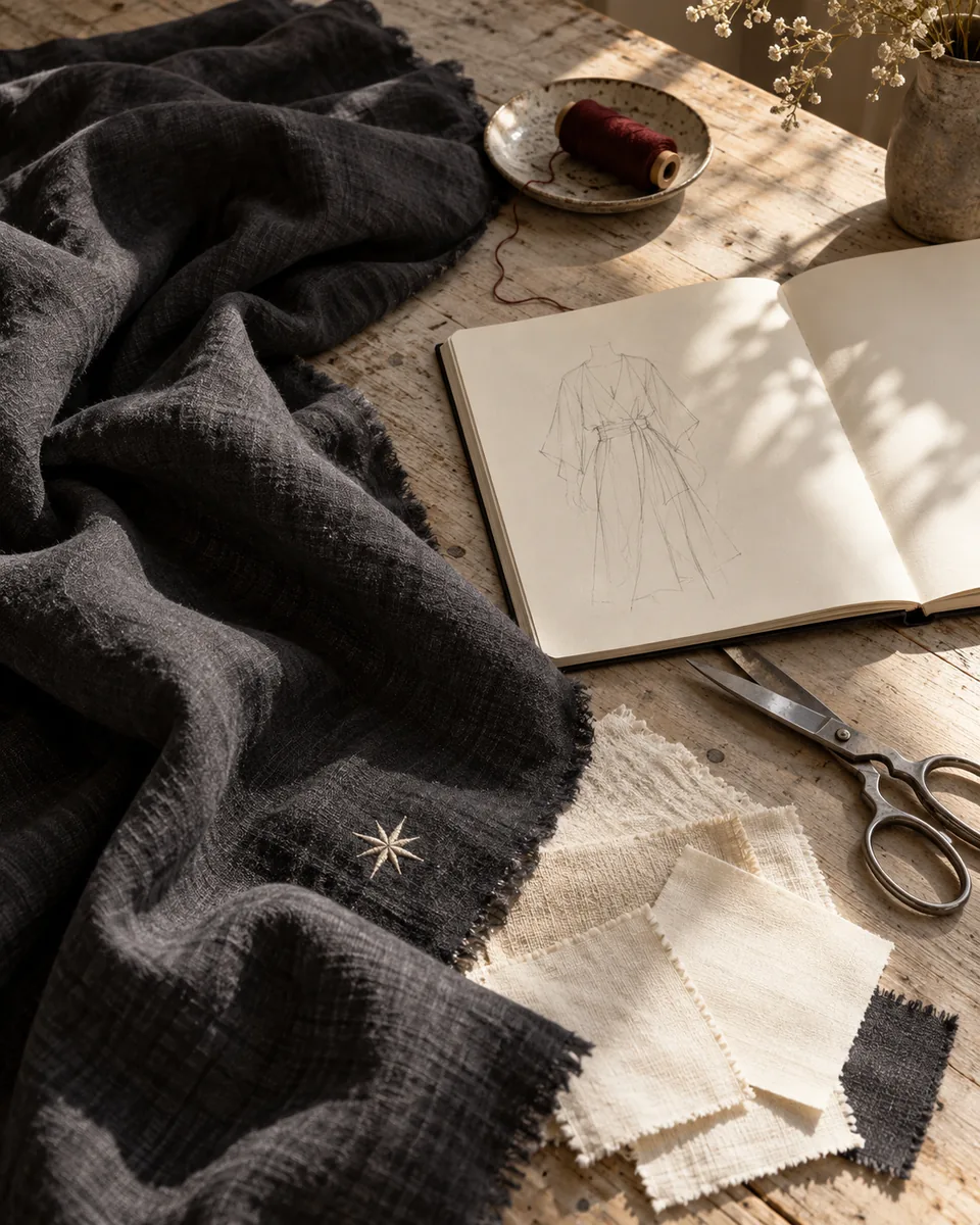 Editorial concept: charcoal cloth, ivory swatches, a sketchbook and oxblood thread in warm light.